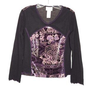 Vintage Floral Velvet Top M Black Purple Mesh Sleeves Whimsigoth Boho Fairy